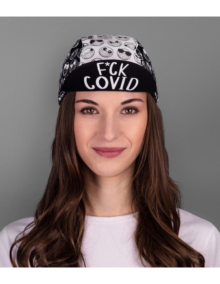 Girl wearing fuck covid cycling cap made by Luxa