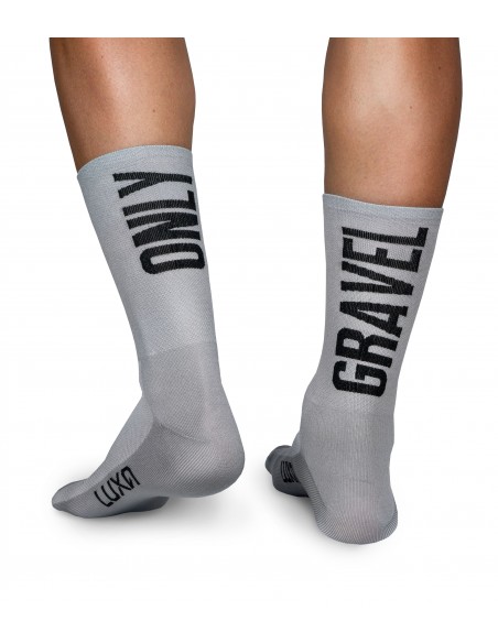gravel cycling socks in gray color. Big caption Only Gravel on both sides