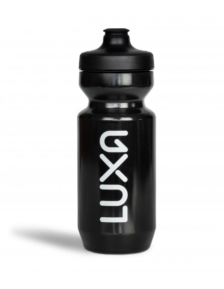 Black cycling bottle made by Specialized for Luxa. 650ml (22oz) bidon capacity. Leak-proof WaterGate system