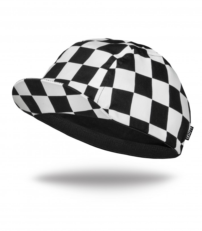 Cap under helmet in black and white squares pattern