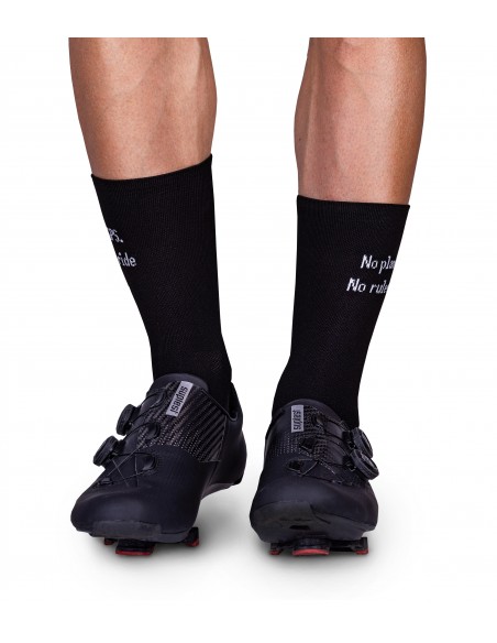long black cycling socks with small caption on each sock