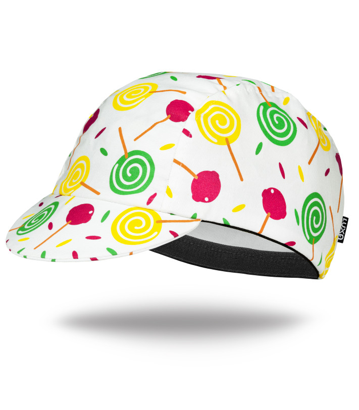 Czapeczka rowerowa z lizakami w różne kolory służy do ubrania pod kask rowerowy