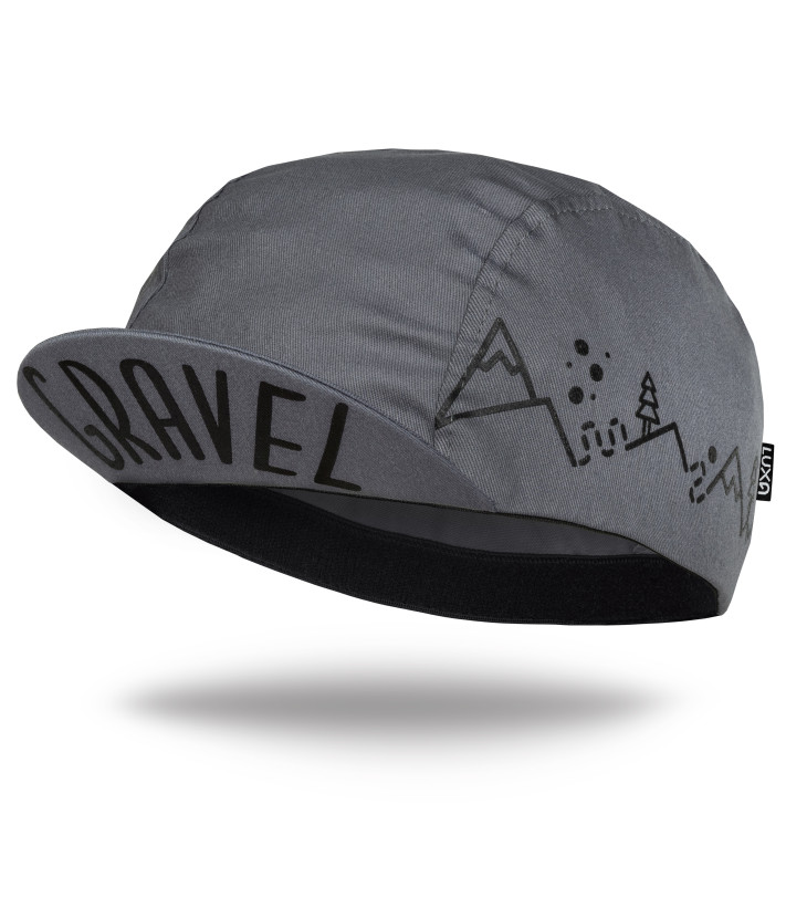 Gravel Gray Cycling Cap made by Luxa with big text on the bottom of the peak