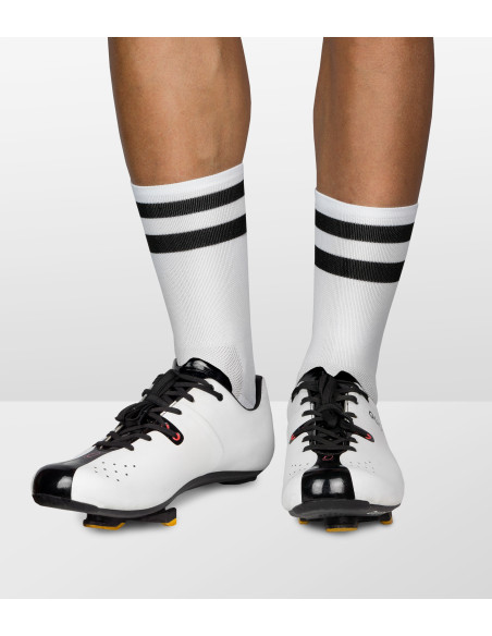 white unisex road cycling socks with back stripes around both socks