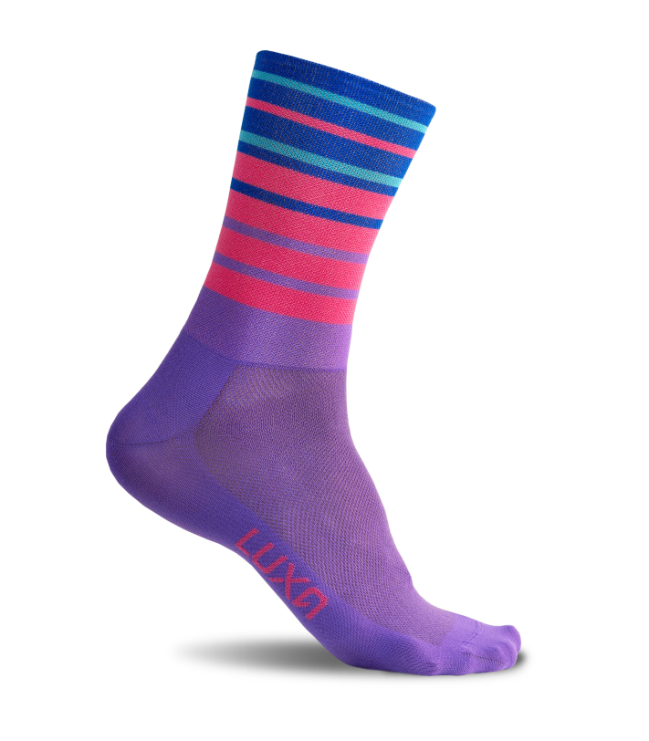Purple and pink striped cycling socks laid flat.