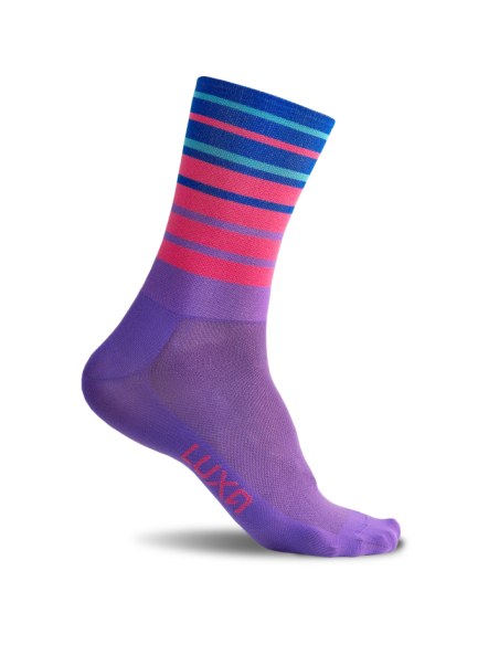 Purple and pink striped cycling socks laid flat.