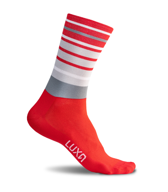Red cycling socks with clean white stripes, premium finish.