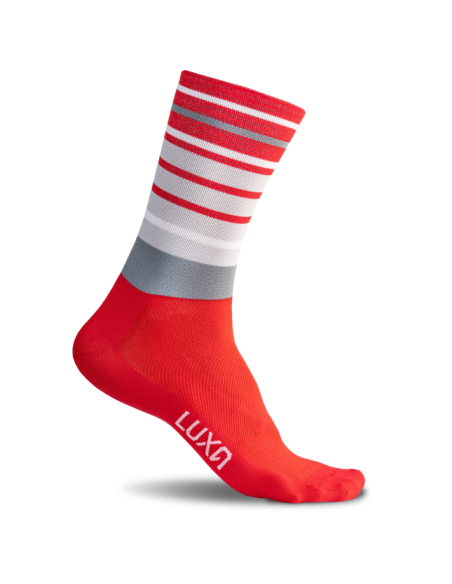 Red cycling socks with clean white stripes, premium finish.