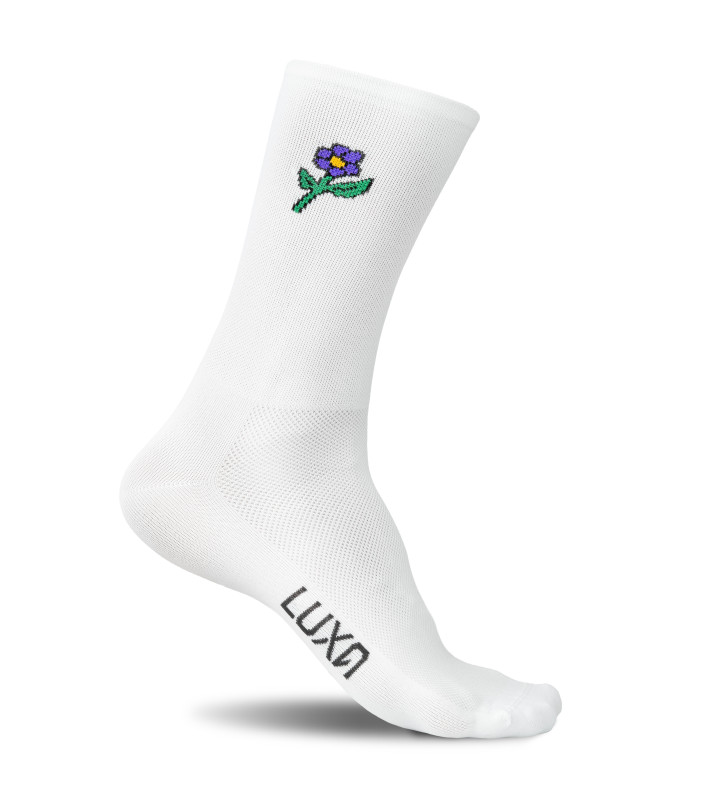 White cycling socks with a violet flower on the side – side view