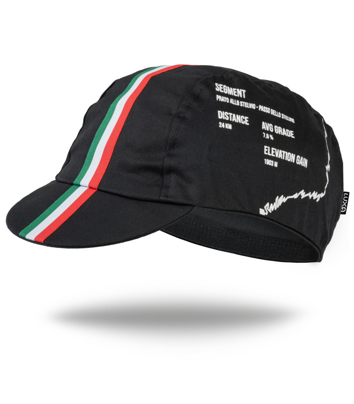 Czapeczka kolarska Stelvio – widok z góry z profilami podjazdu od Prato i Bormio po bokach