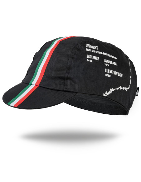 Czapeczka kolarska Stelvio – widok z góry z profilami podjazdu od Prato i Bormio po bokach