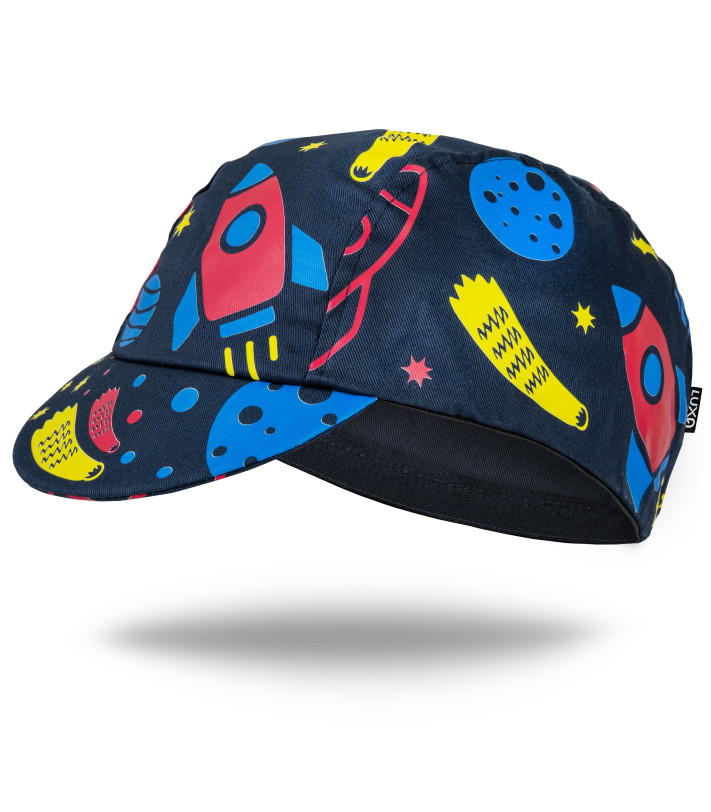 Czapeczka kolarska Luxa Cosmos – widok z góry z kolorowym wzorem rakiet, planet i gwiazd