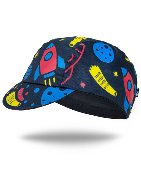 Czapeczka kolarska Luxa Cosmos – widok z góry z kolorowym wzorem rakiet, planet i gwiazd