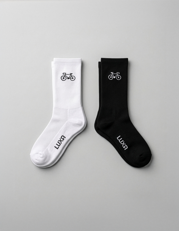 set of white and black Luxa socks with a small bicycle