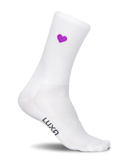Luxa cycling socks with small hearts - pink one on the right sock and a purple one on the left.