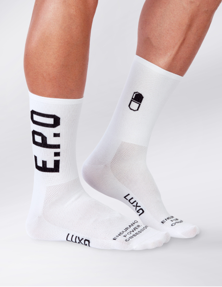 white Luxa cycling socks E.P.O. worn on legs