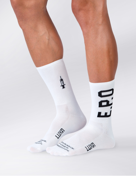 white E.P.O. cycling socks by Luxa side view