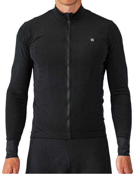 Fahrradjacke Terra Carbon Black - Vorderseite, hoher Kragen und durchgehender Reißverschluss