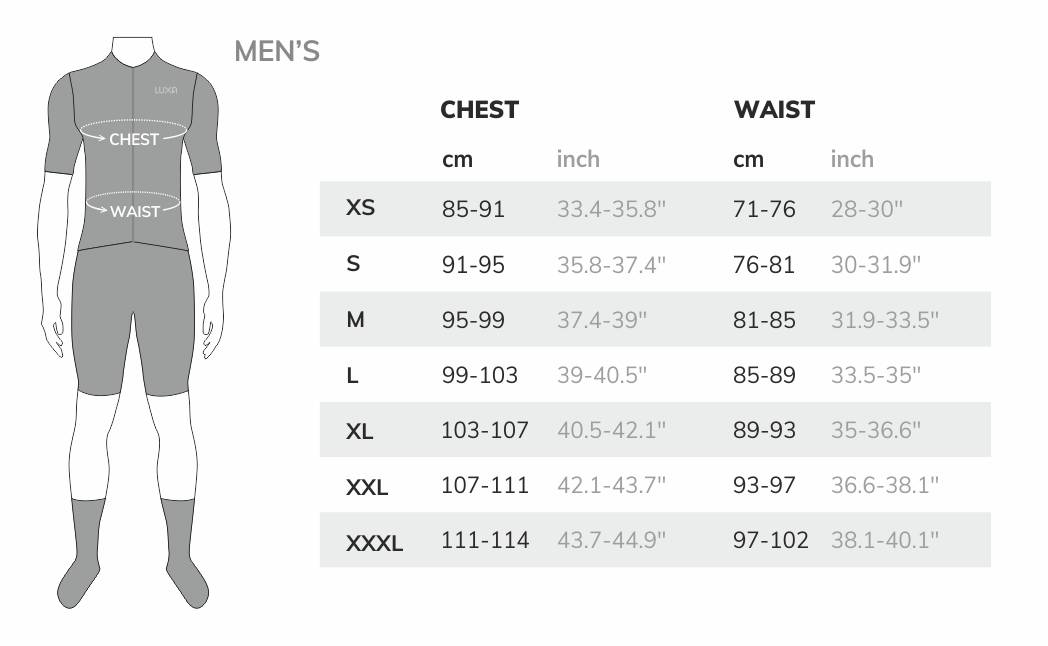Luxa mens jerseys size guide