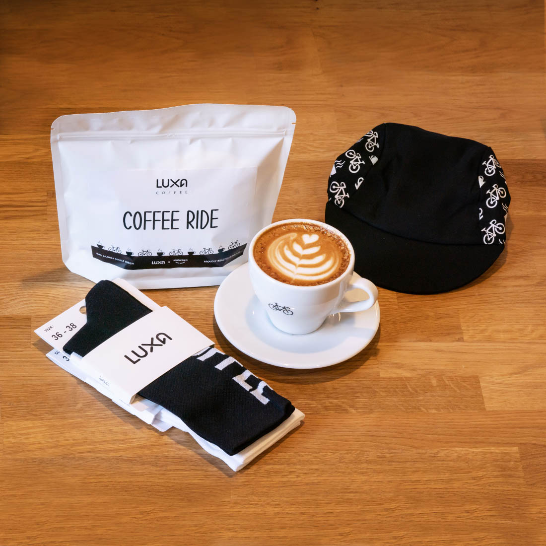 gift set for cyclist and cyclist with Luxa coffee and products from the Coffee Ride series.