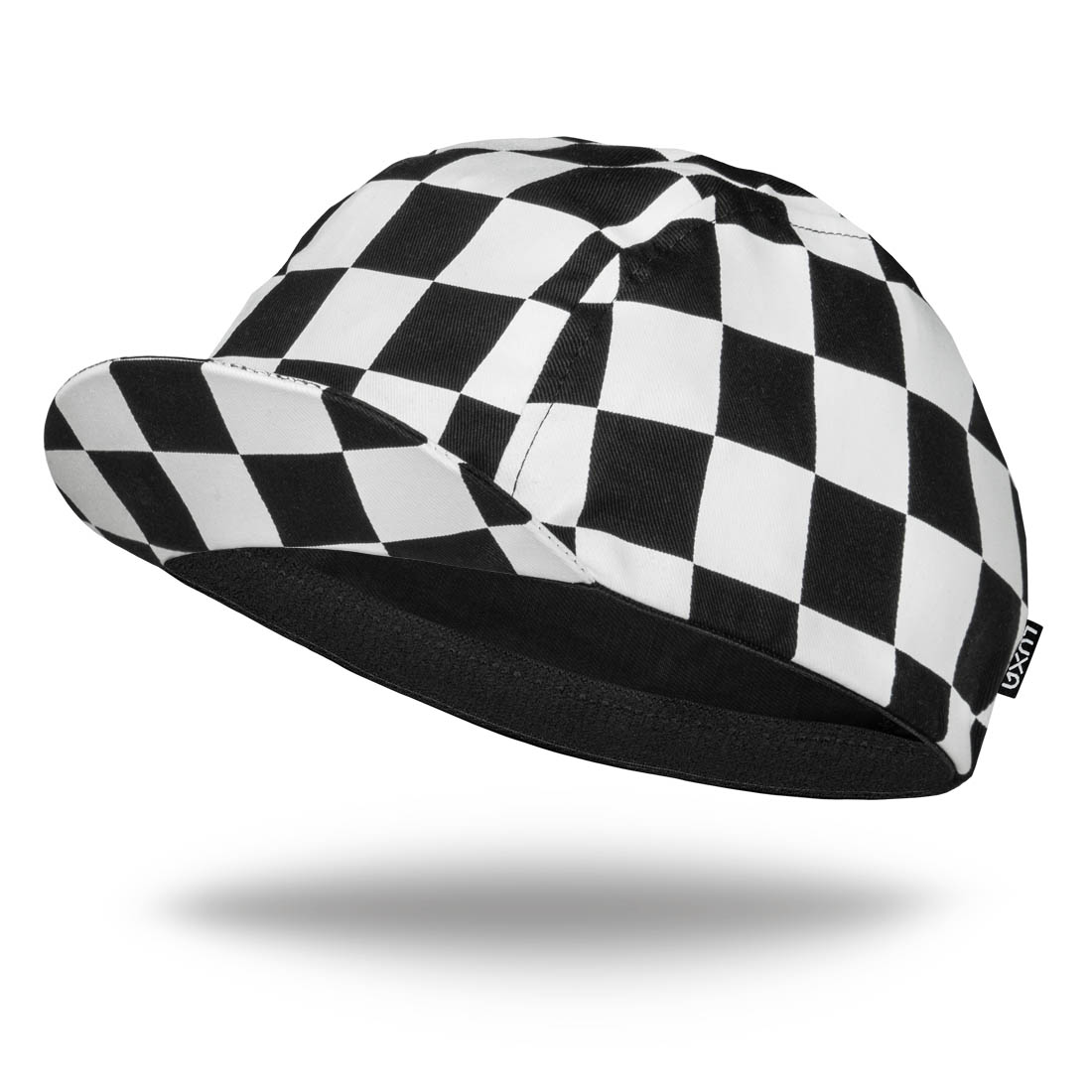 cotton cap to wear under helmet designed with black and white squares pattern